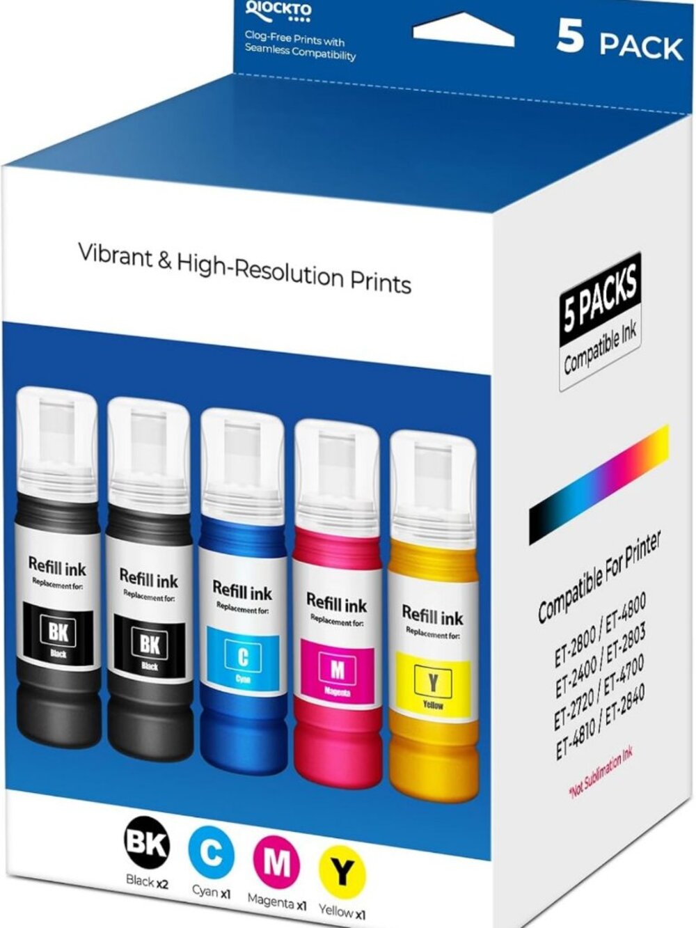 5 Pack EcoTank Ink Refill Bottles for ET-2800, ET-2400, ET-4800 Printers